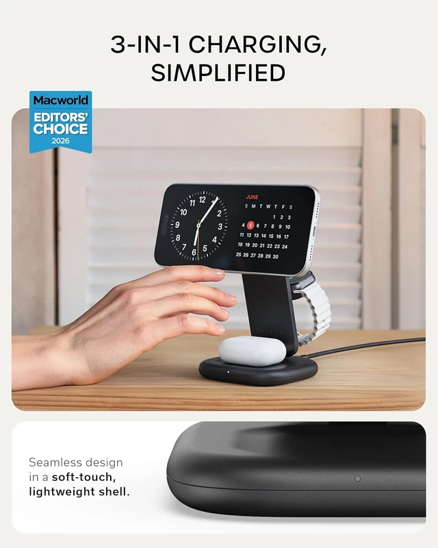 Alt view image 3 of 7 - Satechi 3-in-1 Qi2 Foldable Stand, Wireless Charging Station, Space Black
25W Magnetic Charging, 45W USB-C adapter included, for iPhone 18, Apple Watch Series 12, AirPods