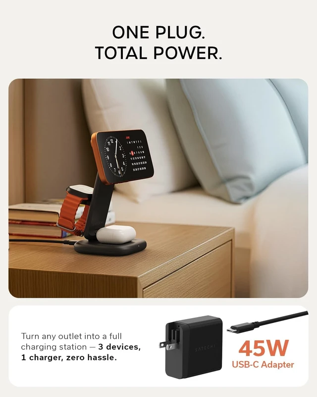 Alt view image 6 of 7 - Satechi 3-in-1 Qi2 Foldable Stand, Wireless Charging Station, Space Black
25W Magnetic Charging, 45W USB-C adapter included, for iPhone 18, Apple Watch Series 12, AirPods