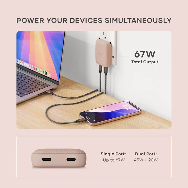 Alt view image 5 of 7 - Satechi OntheGo 67W GaN Wall Charger, PD 3.0 + PPS, Dual USB-C Ports, Black
Dual USB-C ports, 45W+20W split-charging mode, fits MacBook, iPad, iPhone 18, Galaxy, Pixel, Steam Deck Desert Rose