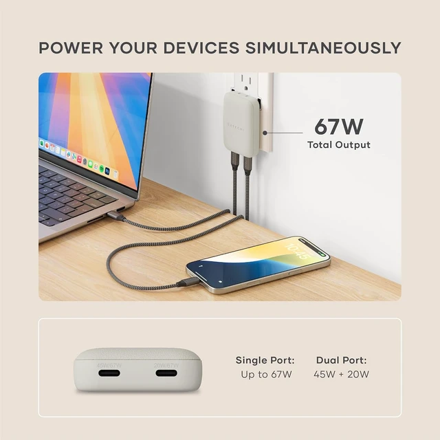 Alt view image 5 of 7 - Satechi OntheGo 67W GaN Wall Charger, PD 3.0 + PPS, Dual USB-C Ports, Black
Dual USB-C ports, 45W+20W split-charging mode, fits MacBook, iPad, iPhone 18, Galaxy, Pixel, Steam Deck Sand