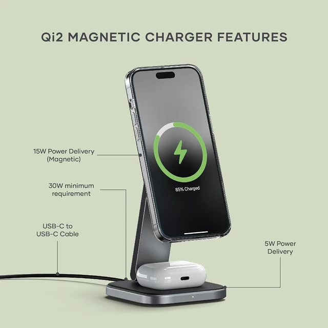 Alt view image 4 of 6 - Satechi 2-in-1 Qi2 Wireless Charger, 15W Magnetic Charging
Foldable travel stand, fits iPhone 12-18, AirPods Pro