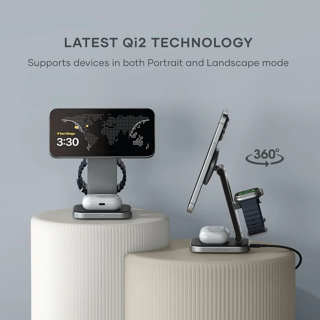 Alt view image 2 of 7 - Satechi 2-in-1 Qi2 Wireless Charger, 15W Magnetic Charging
Foldable travel stand, fits iPhone 12-18, AirPods Pro 3 in 1