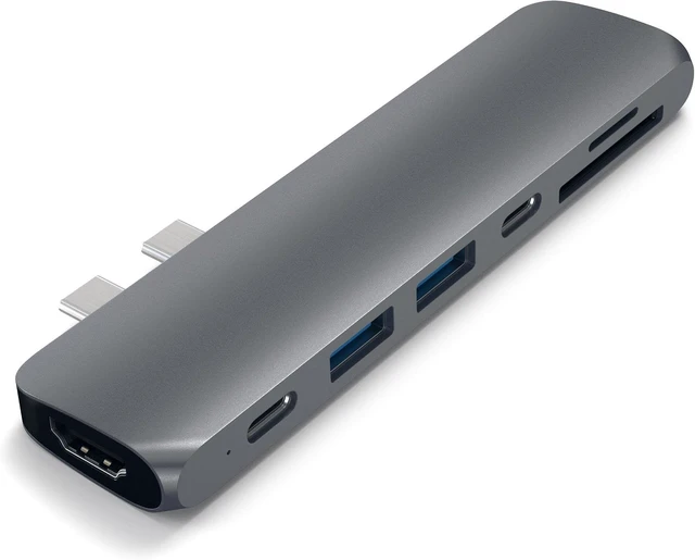 Alt view image 2 of 5 - Satechi Pro Hub 7-in-1 USB-C Adapter, 4K HDMI, 87W PD Charging, Space Gray
87W PD charging, USB-C and 2 USB-A data ports, micro/SD card readers, for MacBook Air/Pro/Neo
Visit the Satechi Store