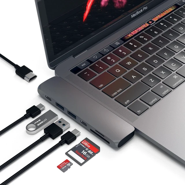 Alt view image 5 of 5 - Satechi Pro Hub 7-in-1 USB-C Adapter, 4K HDMI, 87W PD Charging, Space Gray
87W PD charging, USB-C and 2 USB-A data ports, micro/SD card readers, for MacBook Air/Pro/Neo
Visit the Satechi Store