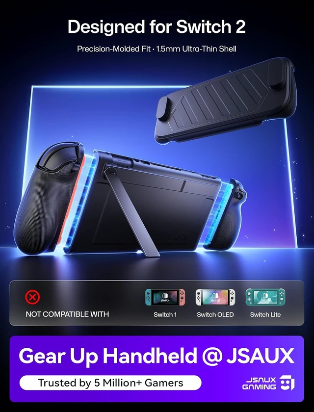 Alt view image 4 of 7 - JSAUX Dockable Switch 2 Case with Split Grip and Stand - GoJoy Case
Hidden Metal Stand, Drop Protection, Dockable Design, PC Front Cover, Ergonomic Grip, 8 Game Card Storage