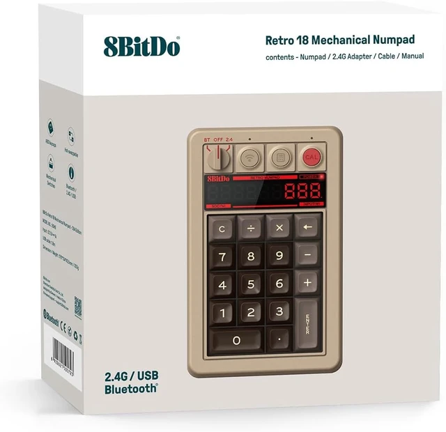 Alt view image 7 of 7 - 8Bitdo Retro 18 Mechanical Numpad for Windows & Android, C64 Edition
Bluetooth, 2.4G and Wired, Calculator Mode, Retro LED Display, Kailh Box White Switches V2