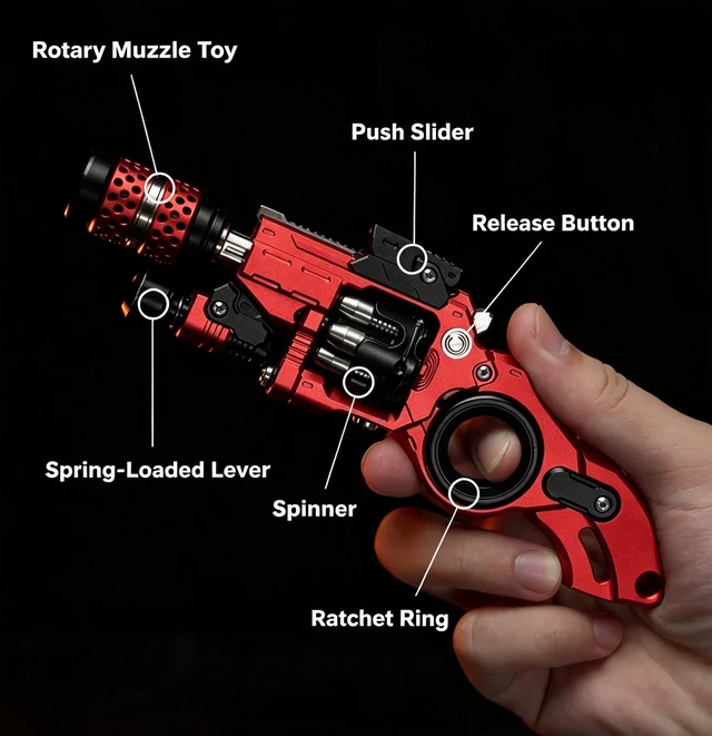 Alt view image 4 of 5 - Red Black Composite EDC Fidget Toy, Metal Push Slider & Spinner Stress Relief Gadget, Tactical Style Desk Toy for Adults