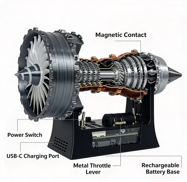 Alt view image 6 of 7 - Working Turbofan Jet Engine Desktop Model, Functional Brushless Motor with Forward & Reverse Thrust, USB-C Rechargeable Aircraft Engine Display Ornament for Aviation Enthusiasts