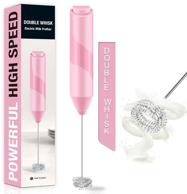 Main image of Double Whisk Milk Frother, Handheld Electric Blender stick, Drink Mixer with Food Grade Stainless Steel Stirrer, Battery Operated Foam Maker for Coffee, Cappuccino, Matcha,Hot Chocolate Latte, in Pink