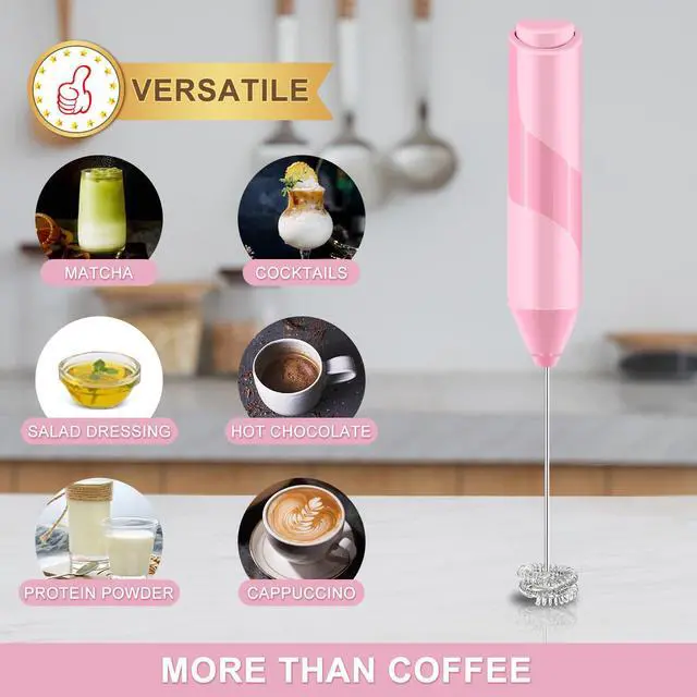 Alt view image 5 of 7 - Double Whisk Milk Frother, Handheld Electric Blender stick, Drink Mixer with Food Grade Stainless Steel Stirrer, Battery Operated Foam Maker for Coffee, Cappuccino, Matcha,Hot Chocolate Latte, in Pink