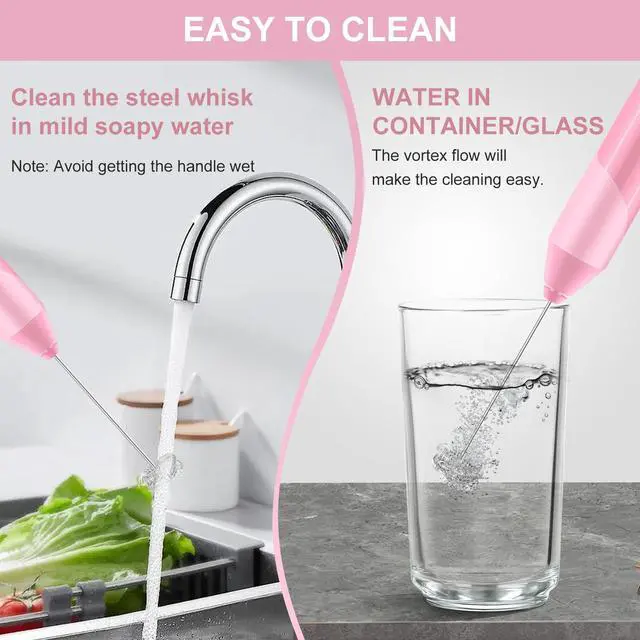 Alt view image 6 of 7 - Double Whisk Milk Frother, Handheld Electric Blender stick, Drink Mixer with Food Grade Stainless Steel Stirrer, Battery Operated Foam Maker for Coffee, Cappuccino, Matcha,Hot Chocolate Latte, in Pink