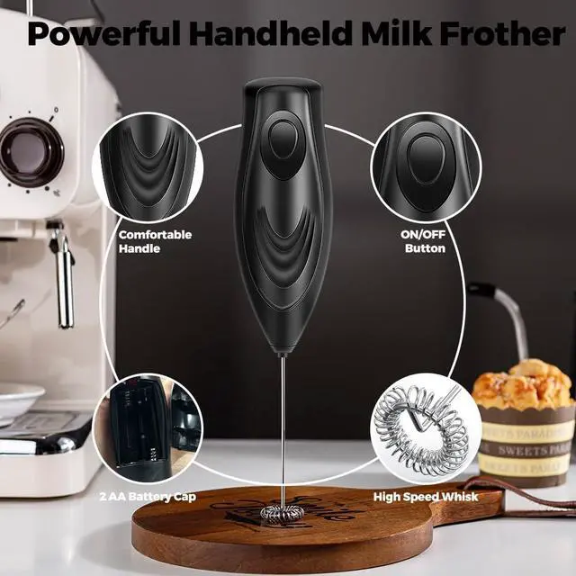 Alt view image 4 of 7 - Milk Frother Handheld Whisk Battery Powered Drink Mixer, Milk Frother Foamer & Mini Drink Mixer Coffee Frother Whisk, Electric Portable for Latte, Cappuccino, Hot Chocolate- Black