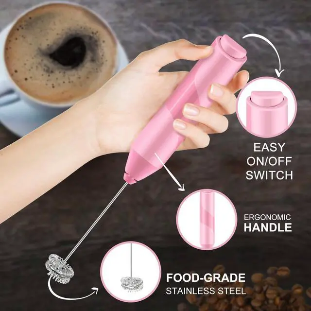 Alt view image 7 of 7 - Double Whisk Milk Frother, Handheld Electric Blender stick, Drink Mixer with Food Grade Stainless Steel Stirrer, Battery Operated Foam Maker for Coffee, Cappuccino, Matcha,Hot Chocolate Latte, in Pink