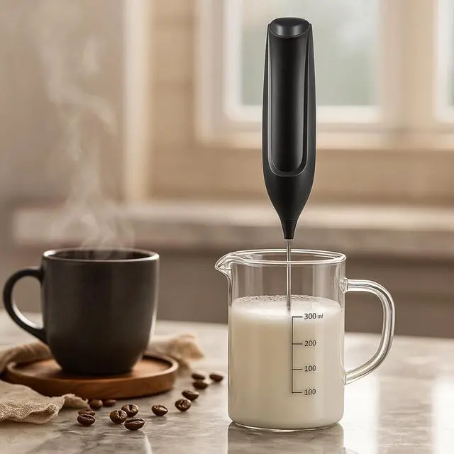 Alt view image 5 of 7 - Handheld Milk Frother, Electric Frother Wand with Stainless Steel Whisk, Mini Whisk for Coffee, Matcha, Latte, Protein, Eggs & More, Battery Operated Compact Frother for Kitchen or Travel, Black