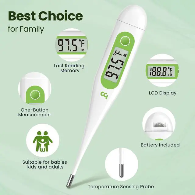 Alt view image 2 of 7 - Thermometer for Adults and Kids, Digital Thermometer with Fever Alert, Memory Recall, C/F Switchable, for Oral, Rectal or Under Arm Use, Green