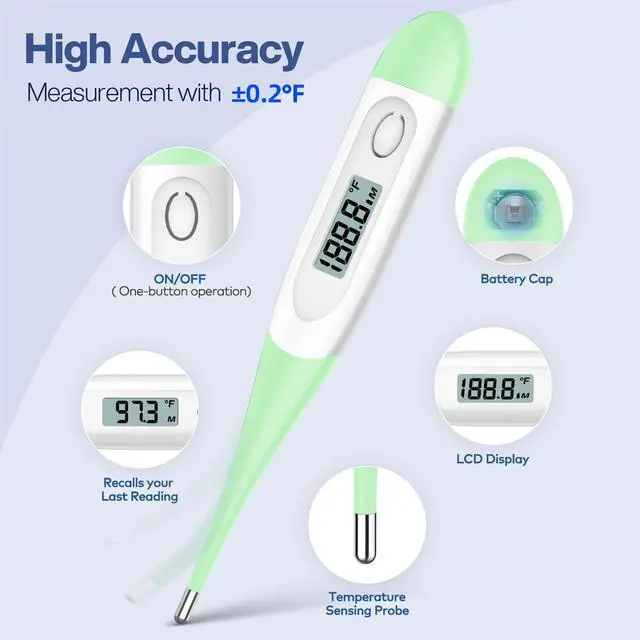 Alt view image 3 of 7 - 10 Seconds Digital Thermometer for Adults and Kids - Accurate & Safe Rectal Thermometer for Baby with Fever Alarm, Oral Thermometer (Light Green)