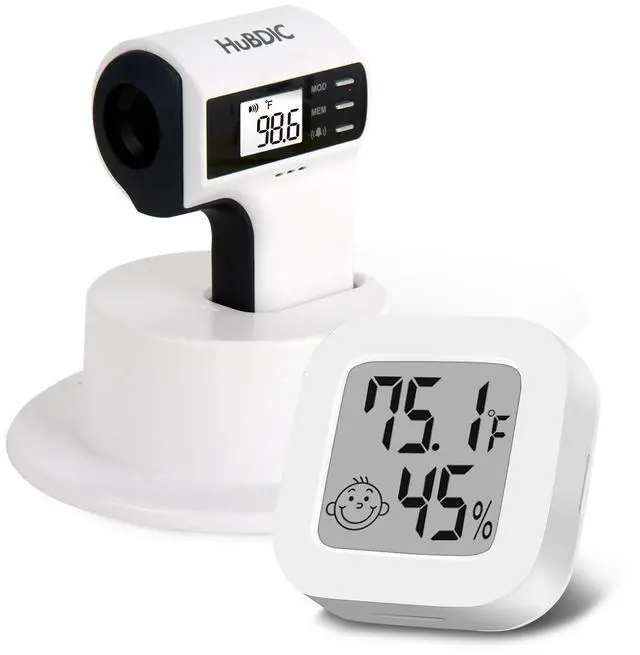 Main image of HubiBaby Forehead Thermometer for Adults and Kids, Digital Infrared Thermometer for Baby, Touchless Thermometer with 3 Color Fever Alarm, Fast Reading, Mini Hygrometer Combo (Black)