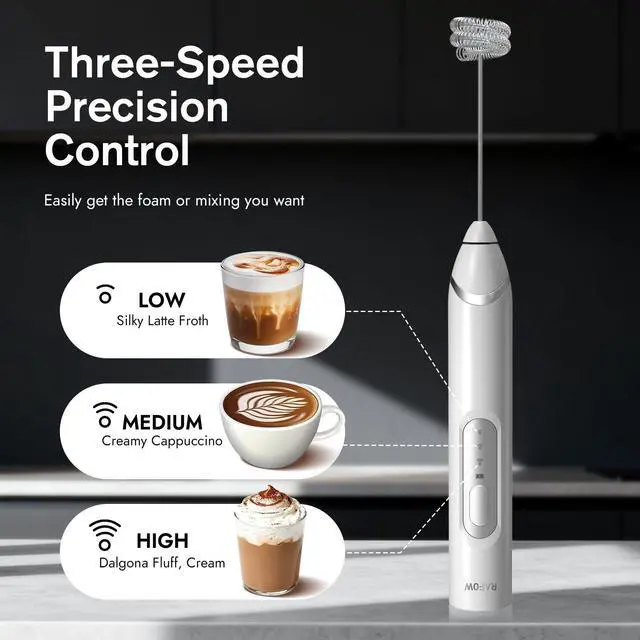 Alt view image 4 of 7 - Handheld Electric Milk Frother: Rechargeable Frother Wand with Stand, 3 Speeds & Detachable Double Whisk Drink Mixer, Froth Stirrer for Latte, Cappuccino, Cream, Matcha, Dalgona Coffee - White