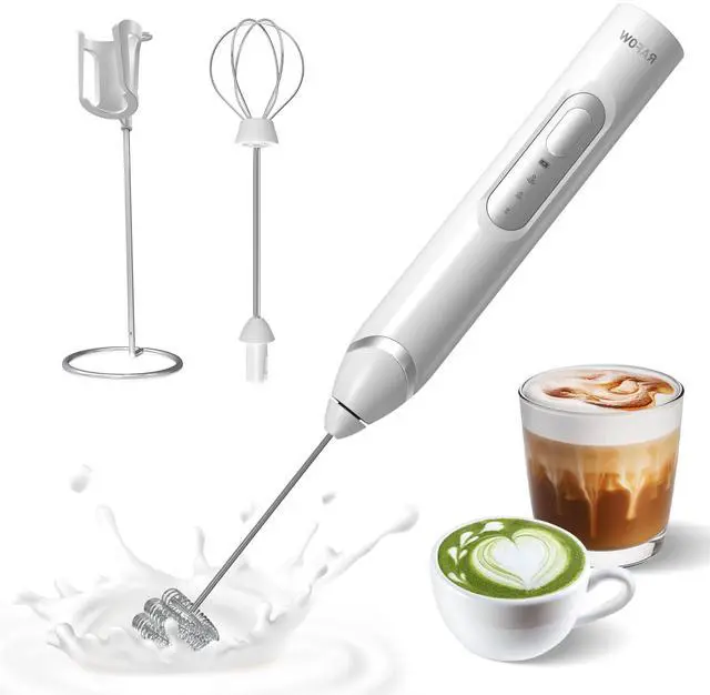 Main image of Handheld Electric Milk Frother: Rechargeable Frother Wand with Stand, 3 Speeds & Detachable Double Whisk Drink Mixer, Froth Stirrer for Latte, Cappuccino, Cream, Matcha, Dalgona Coffee - White