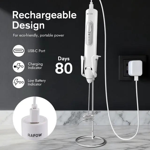Alt view image 3 of 7 - Handheld Electric Milk Frother: Rechargeable Frother Wand with Stand, 3 Speeds & Detachable Double Whisk Drink Mixer, Froth Stirrer for Latte, Cappuccino, Cream, Matcha, Dalgona Coffee - White