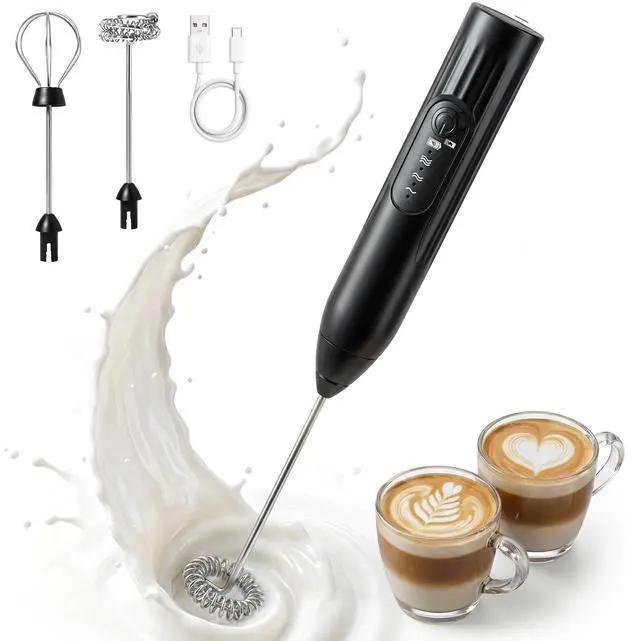 Main image of Milk Frother, 3-Speed Rechargeable Handheld Electric Foam Maker with USB-C, 2 Whisks for Coffee Latte Cappuccino, 304 Stainless Steel Drink Mixer for Hot Chocolate Matcha Protein Shakes (Black)