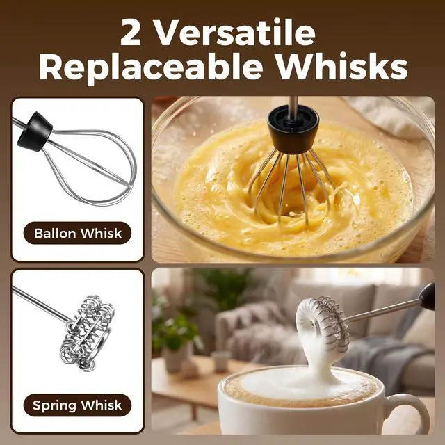 Alt view image 4 of 7 - Milk Frother, 3-Speed Rechargeable Handheld Electric Foam Maker with USB-C, 2 Whisks for Coffee Latte Cappuccino, 304 Stainless Steel Drink Mixer for Hot Chocolate Matcha Protein Shakes (Black)