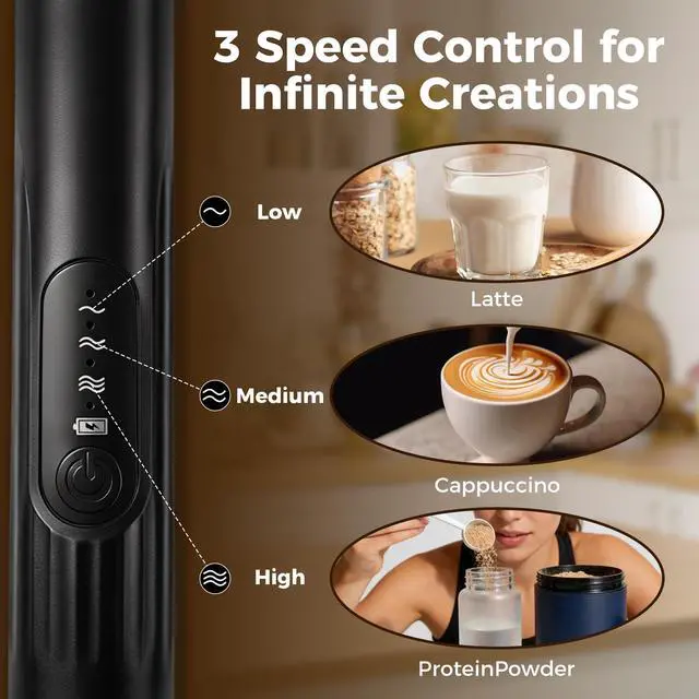 Alt view image 2 of 7 - Milk Frother, 3-Speed Rechargeable Handheld Electric Foam Maker with USB-C, 2 Whisks for Coffee Latte Cappuccino, 304 Stainless Steel Drink Mixer for Hot Chocolate Matcha Protein Shakes (Black)