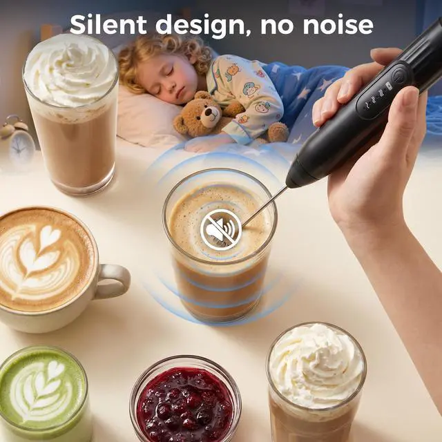 Alt view image 6 of 7 - Milk Frother, 3-Speed Rechargeable Handheld Electric Foam Maker with USB-C, 2 Whisks for Coffee Latte Cappuccino, 304 Stainless Steel Drink Mixer for Hot Chocolate Matcha Protein Shakes (Black)