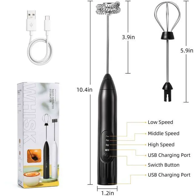 Alt view image 7 of 7 - Milk Frother, 3-Speed Rechargeable Handheld Electric Foam Maker with USB-C, 2 Whisks for Coffee Latte Cappuccino, 304 Stainless Steel Drink Mixer for Hot Chocolate Matcha Protein Shakes (Black)