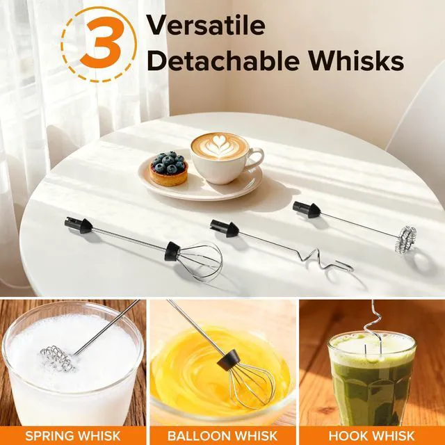 Alt view image 3 of 7 - Milk Frother Handheld, 3-Speed Frother Wand Rechargeable, with 3 Detachable Whisks, Coffee Frother for Coffee,Latte, Cappuccino, Matcha, Hot Chocolate & Eggs, Electric Whisk Drink Mixer (Black)