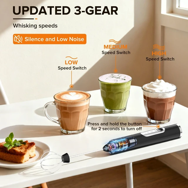 Alt view image 4 of 7 - Milk Frother Handheld, 3-Speed Frother Wand Rechargeable, with 3 Detachable Whisks, Coffee Frother for Coffee,Latte, Cappuccino, Matcha, Hot Chocolate & Eggs, Electric Whisk Drink Mixer (Black)