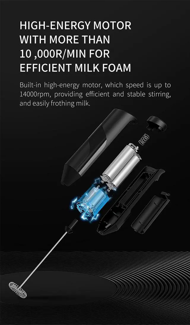 Alt view image 7 of 7 - Powerful Milk Frother for Coffee, Fast Handheld Drink Mixer with Stainless Steel Whisk, Battery Operated Hand Frother Stirrer Wand-Black