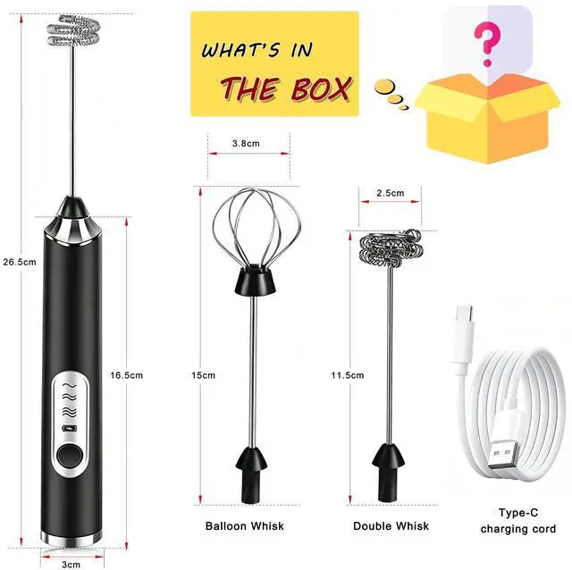 Alt view image 2 of 5 - Milk Frother Handheld, Rechargeable Coffee Frother Wand with 2 Stainless Whisks 3 Speeds, Drink Mixer, Electric Foam Maker, Hand Mixer for Lattes, Cappuccino, Matcha, Egg,