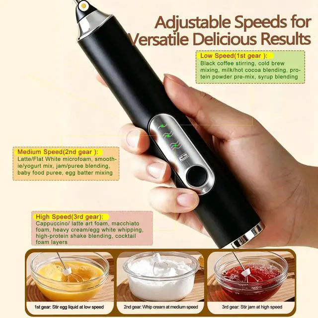 Alt view image 3 of 5 - Milk Frother Handheld, Rechargeable Coffee Frother Wand with 2 Stainless Whisks 3 Speeds, Drink Mixer, Electric Foam Maker, Hand Mixer for Lattes, Cappuccino, Matcha, Egg,