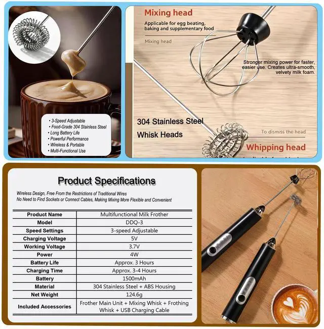 Alt view image 4 of 5 - Milk Frother Handheld, Rechargeable Coffee Frother Wand with 2 Stainless Whisks 3 Speeds, Drink Mixer, Electric Foam Maker, Hand Mixer for Lattes, Cappuccino, Matcha, Egg,