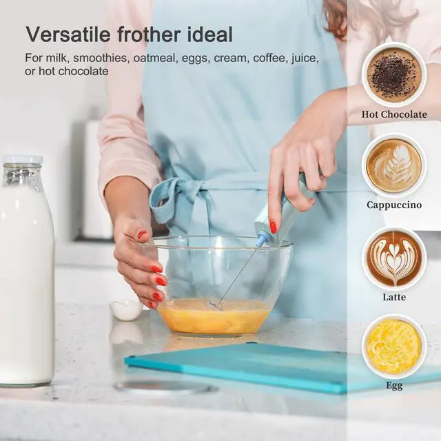 Alt view image 6 of 7 - Portable Coffee Frother by ELMWAY, Battery Operated Electric Whisk, Mini Milk Frother Handled for Coffee, Latte, Matcha and Protein Powder - Light Blue