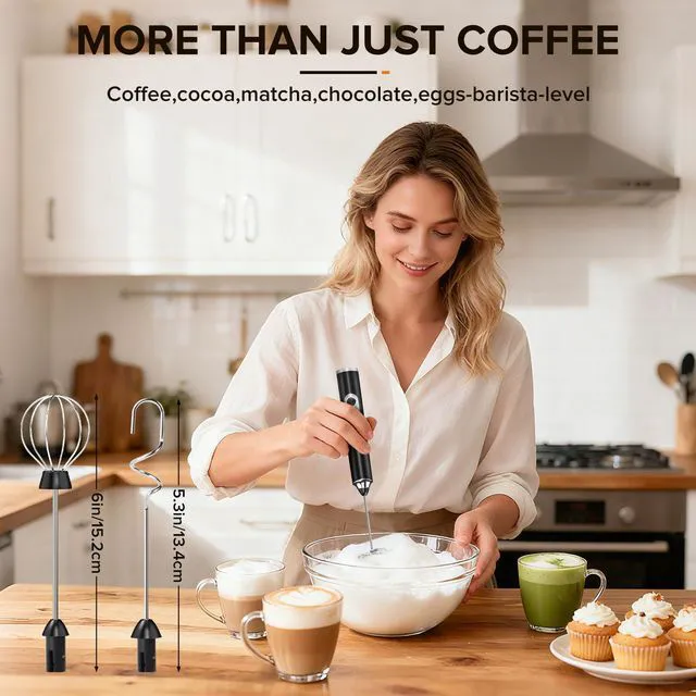 Alt view image 7 of 7 - Milk Frother Handheld, 3-Speed Frother Wand Rechargeable, with 3 Detachable Whisks, Coffee Frother for Coffee,Latte, Cappuccino, Matcha, Hot Chocolate & Eggs, Electric Whisk Drink Mixer (Black)
