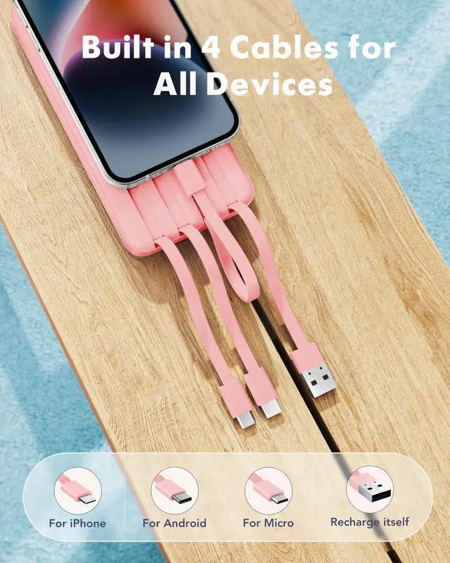 Alt view image 2 of 7 - Portable Charger with Reinforced Built-in 4 Cables,10000mAh Power Bank Travel Essentials 6 Outputs 3 Inputs 3A Fast Charging Compatible with iPhone iPad Samsung Google Pixel LG Moto