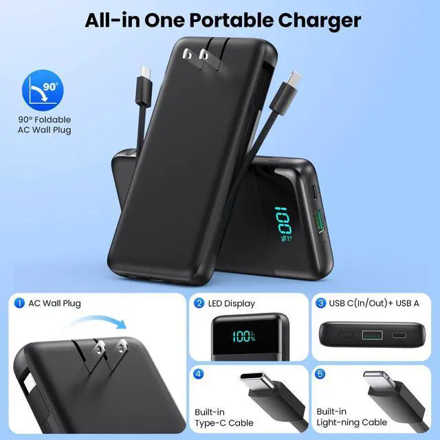 Alt view image 6 of 7 - Portable Charger Power Bank for iPhone with Built-in Cables and AC Wall Plug, 13800mAh Ultra Slim Travel Essentials,USB C Fast Charging External Battery Pack for iPhone 17/16/15/13,Galaxy,Android etc