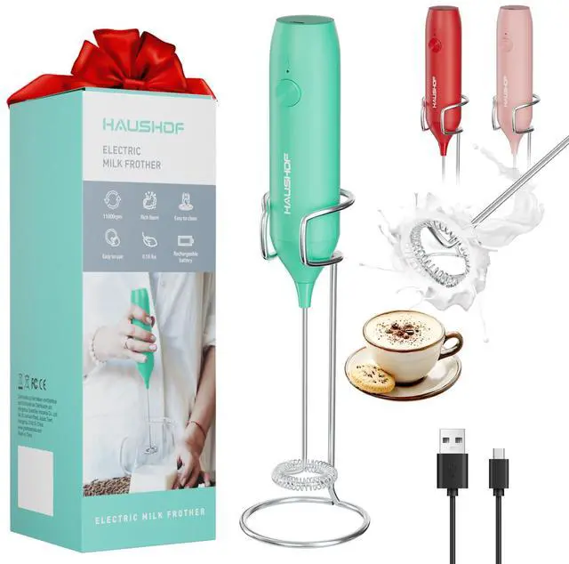Main image of Powerful Rechargeable Milk Frother Wand with Stand, Handheld Electric Foam Maker, Drink Mixer with Detachable Stainless Steel Whisk for Coffee Latte, Cappuccino, Matcha, Green