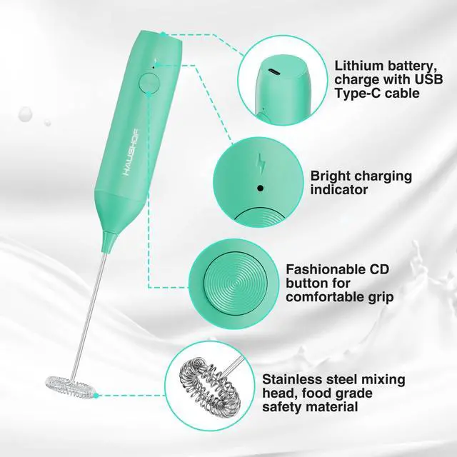Alt view image 5 of 7 - Powerful Rechargeable Milk Frother Wand with Stand, Handheld Electric Foam Maker, Drink Mixer with Detachable Stainless Steel Whisk for Coffee Latte, Cappuccino, Matcha, Green