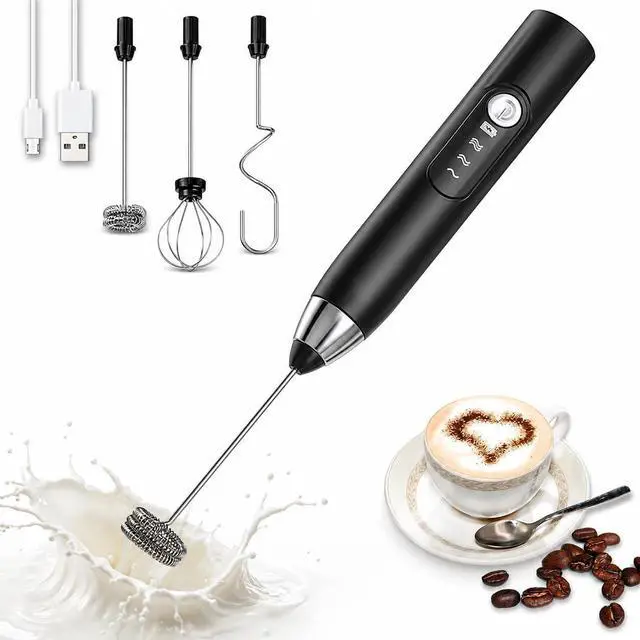 Main image of Black Handheld Milk Frother Wand for Coffee, Electric Whisk 3 Speed, 3-in-1 Rechargeable Drink Mixer with Stainless 3 Whisks, Coffee Frother For Latte, Cappuccino, Hot Chocolate, Egg