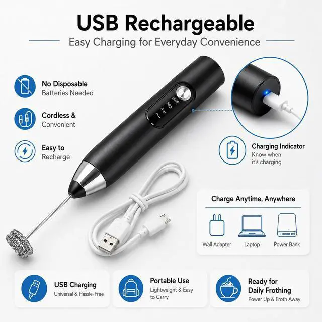 Alt view image 3 of 5 - Black Handheld Milk Frother Wand for Coffee, Electric Whisk 3 Speed, 3-in-1 Rechargeable Drink Mixer with Stainless 3 Whisks, Coffee Frother For Latte, Cappuccino, Hot Chocolate, Egg