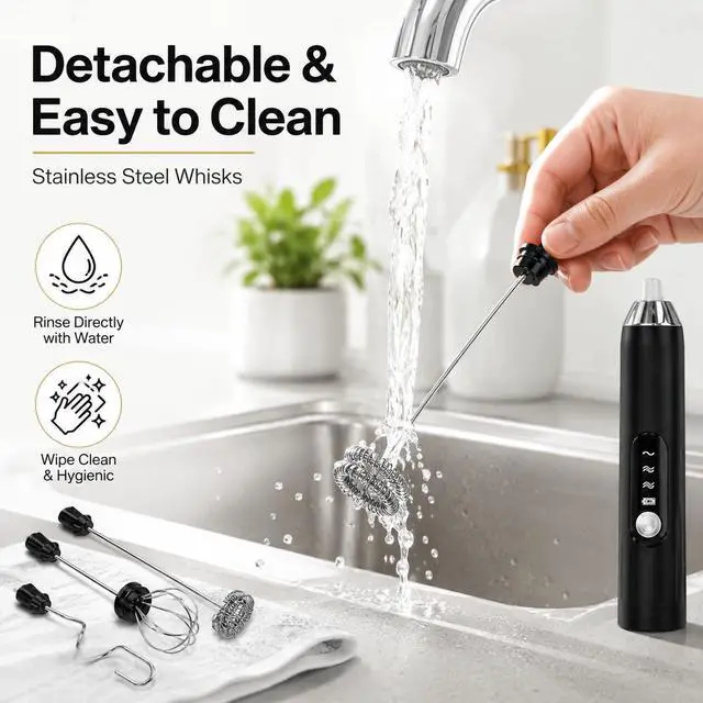 Alt view image 5 of 5 - Black Handheld Milk Frother Wand for Coffee, Electric Whisk 3 Speed, 3-in-1 Rechargeable Drink Mixer with Stainless 3 Whisks, Coffee Frother For Latte, Cappuccino, Hot Chocolate, Egg