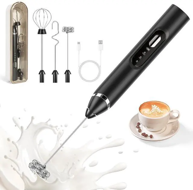 Main image of Milk Frother Handheld Rechargeable - 3 Speeds Electric Coffee Frother with 3 Replaceable Whisks, USB-C Portable Foam Maker with Storage Case for Latte, Cappuccino, Egg, Protein Shakes