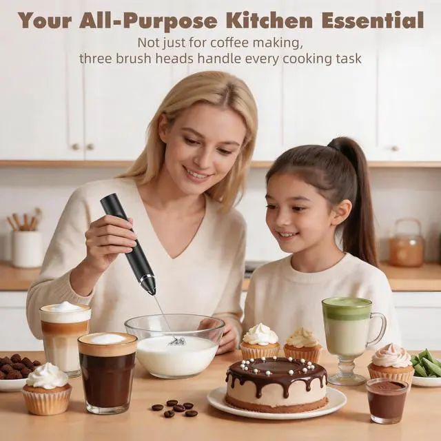 Alt view image 2 of 7 - Milk Frother Handheld Rechargeable - 3 Speeds Electric Coffee Frother with 3 Replaceable Whisks, USB-C Portable Foam Maker with Storage Case for Latte, Cappuccino, Egg, Protein Shakes