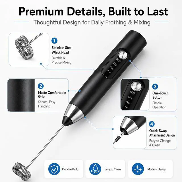 Alt view image 4 of 5 - Black Handheld Milk Frother Wand for Coffee, Electric Whisk 3 Speed, 3-in-1 Rechargeable Drink Mixer with Stainless 3 Whisks, Coffee Frother For Latte, Cappuccino, Hot Chocolate, Egg