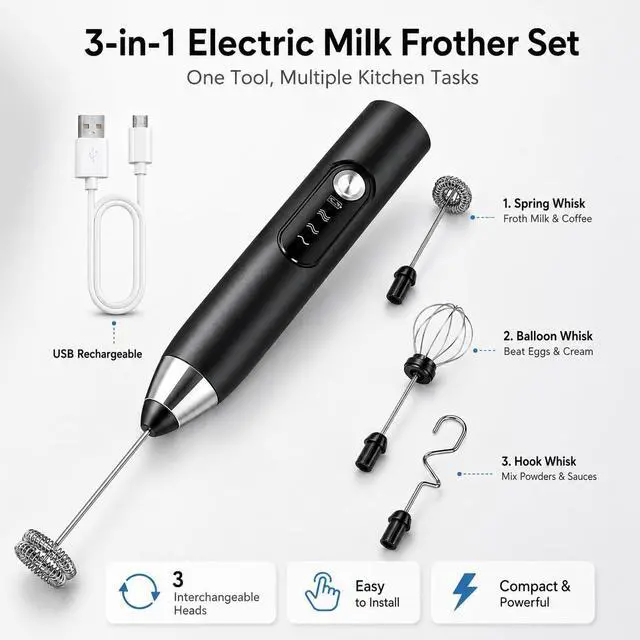 Alt view image 2 of 5 - Black Handheld Milk Frother Wand for Coffee, Electric Whisk 3 Speed, 3-in-1 Rechargeable Drink Mixer with Stainless 3 Whisks, Coffee Frother For Latte, Cappuccino, Hot Chocolate, Egg