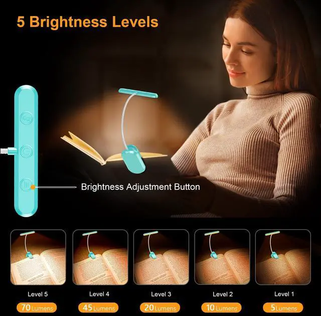 Alt view image 2 of 7 - Rechargeable Book Light for Reading in Bed with 19 LED &Memory Function-Eye Caring 3 Color Temperatures,5 Brightness Levels,90 Hrs Runtime Flexible Goose Neck Clip on Light-Blue
