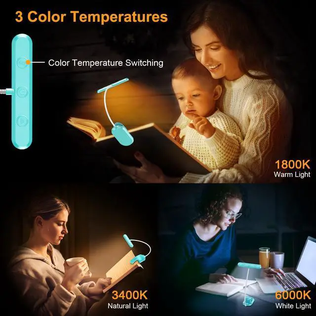 Alt view image 3 of 7 - Rechargeable Book Light for Reading in Bed with 19 LED &Memory Function-Eye Caring 3 Color Temperatures,5 Brightness Levels,90 Hrs Runtime Flexible Goose Neck Clip on Light-Blue